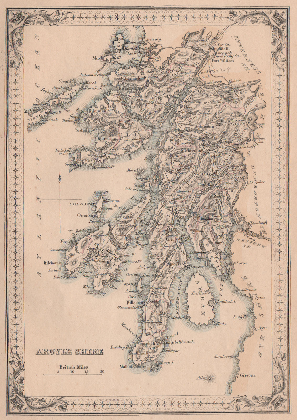 Decorative antique county map of Argyleshire. Argyll. FULLARTON 1868 old